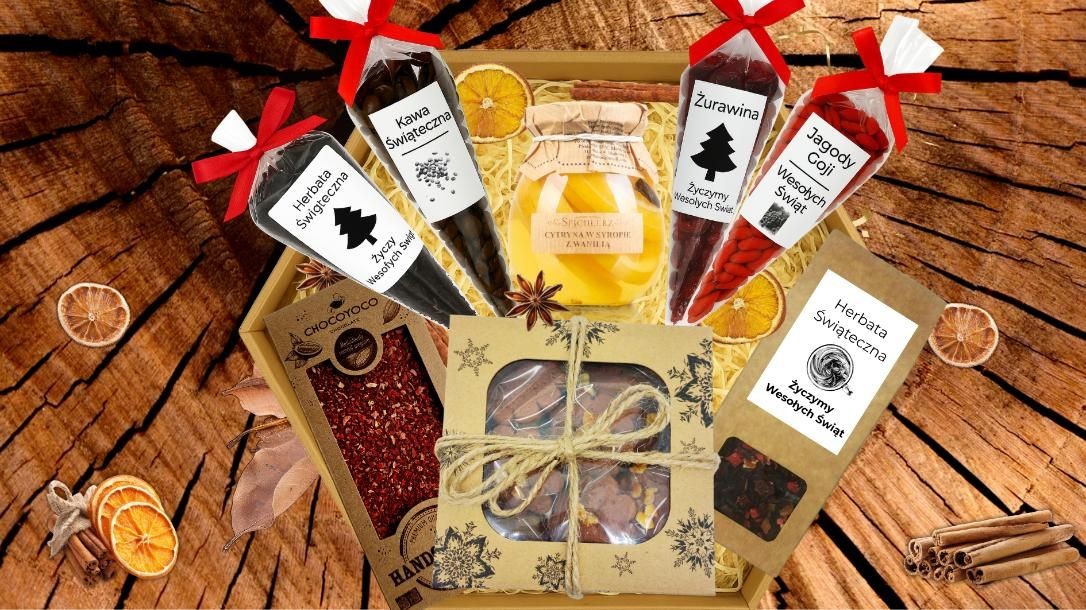 Elegancki zestaw świąteczny z naturalnych produktów premium, zapakowany w opakowanie typu plaster miodu.